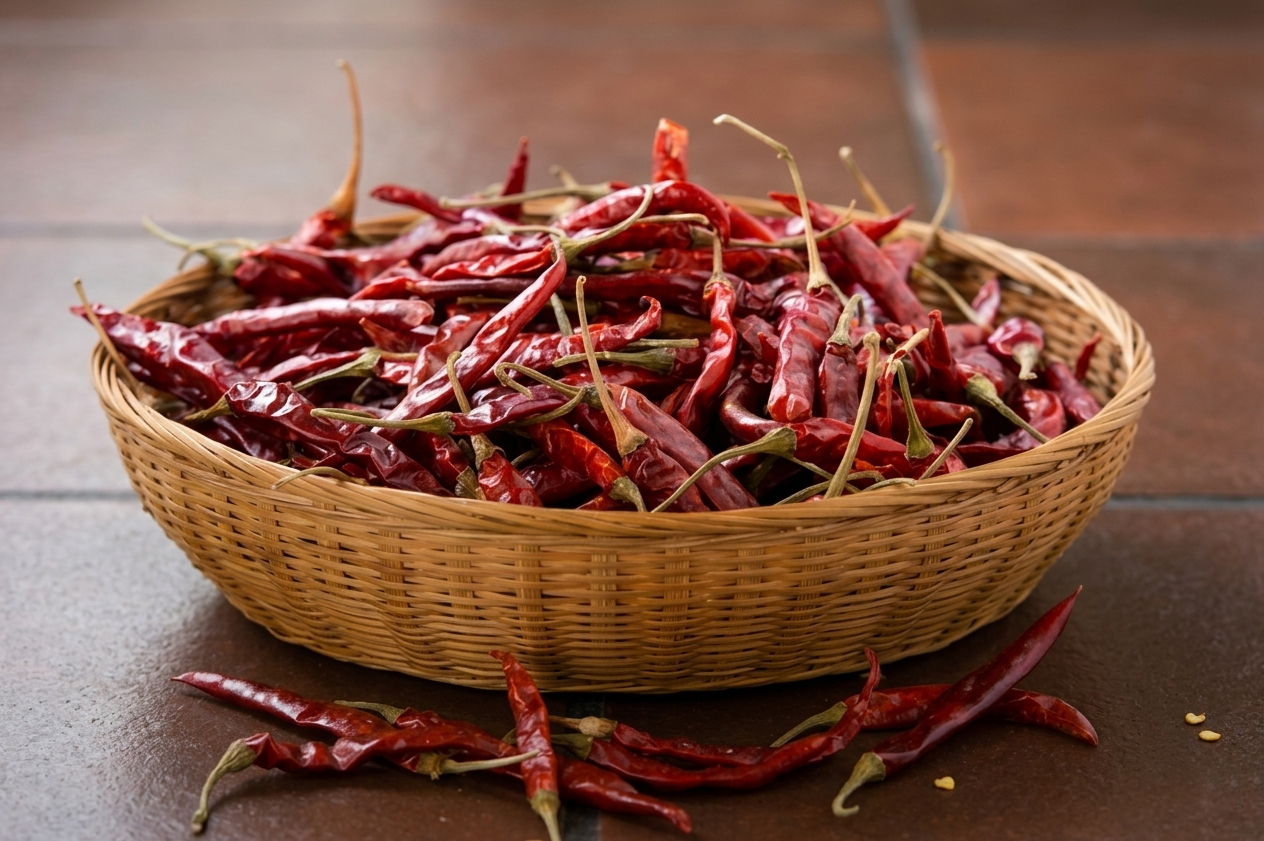 Organic red chillies in wooden bowl